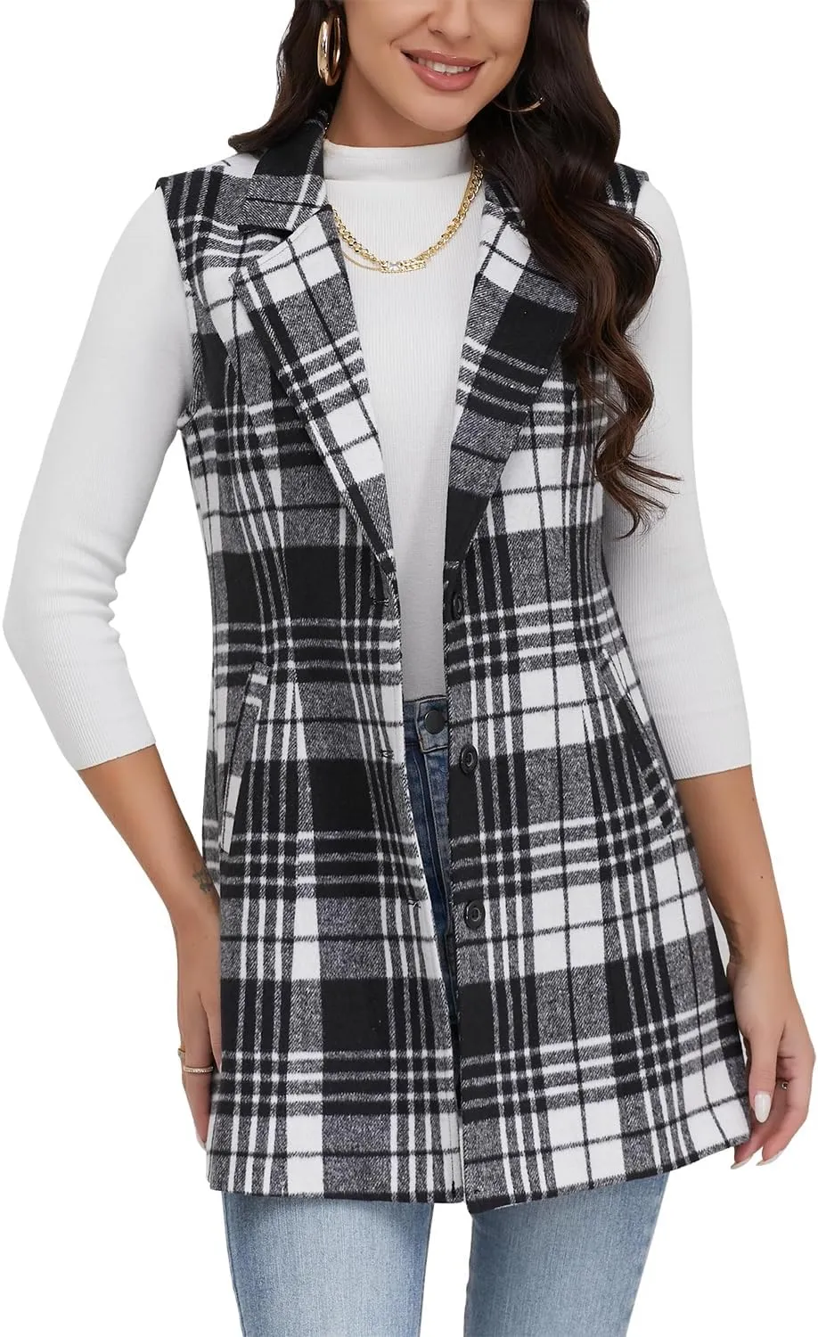 IDEALSANXUN Plaid Vest for Women Fall Winter Sleeveless Blazer Jackets