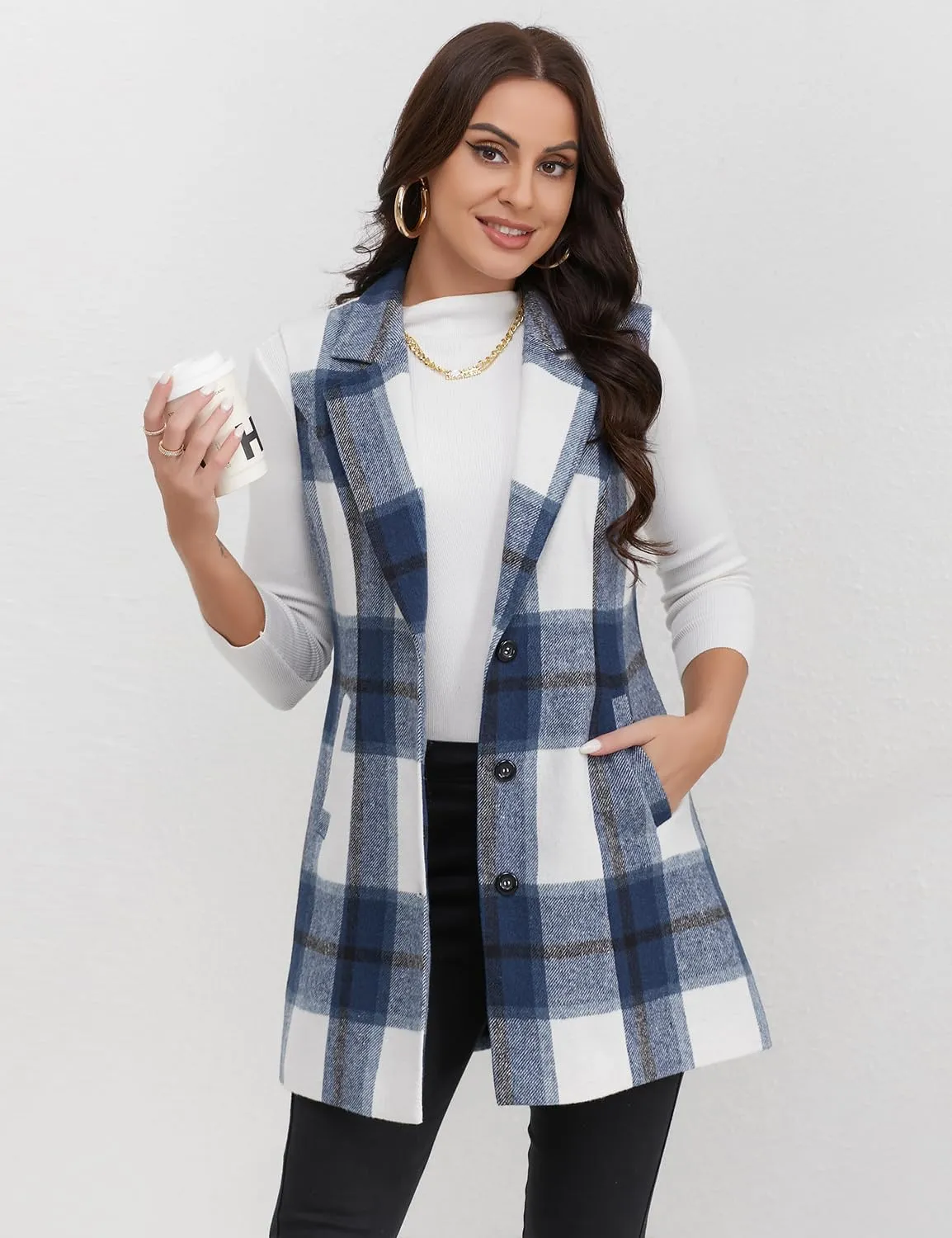IDEALSANXUN Plaid Vest for Women Fall Winter Sleeveless Blazer Jackets