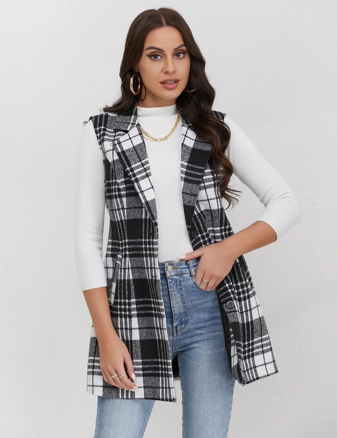 IDEALSANXUN Plaid Vest for Women Fall Winter Sleeveless Blazer Jackets