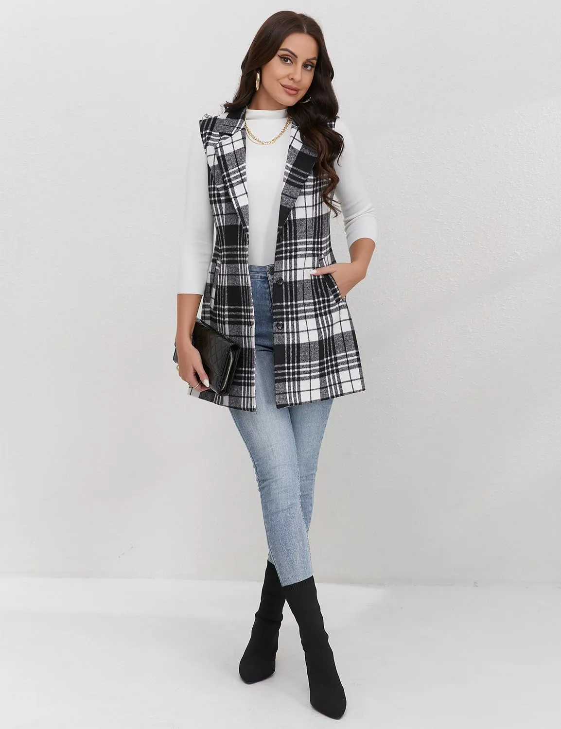 IDEALSANXUN Plaid Vest for Women Fall Winter Sleeveless Blazer Jackets