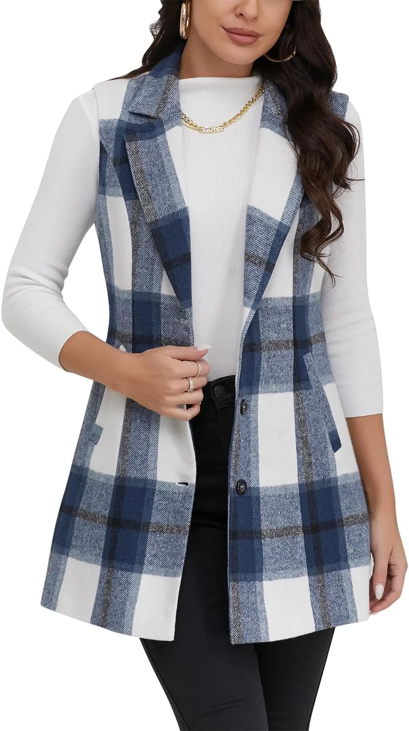 IDEALSANXUN Plaid Vest for Women Fall Winter Sleeveless Blazer Jackets