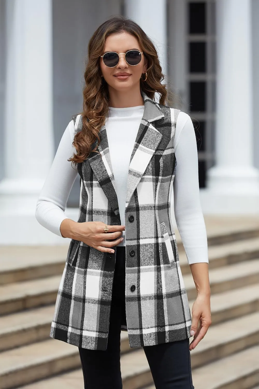IDEALSANXUN Plaid Vest for Women Fall Winter Sleeveless Blazer Jackets