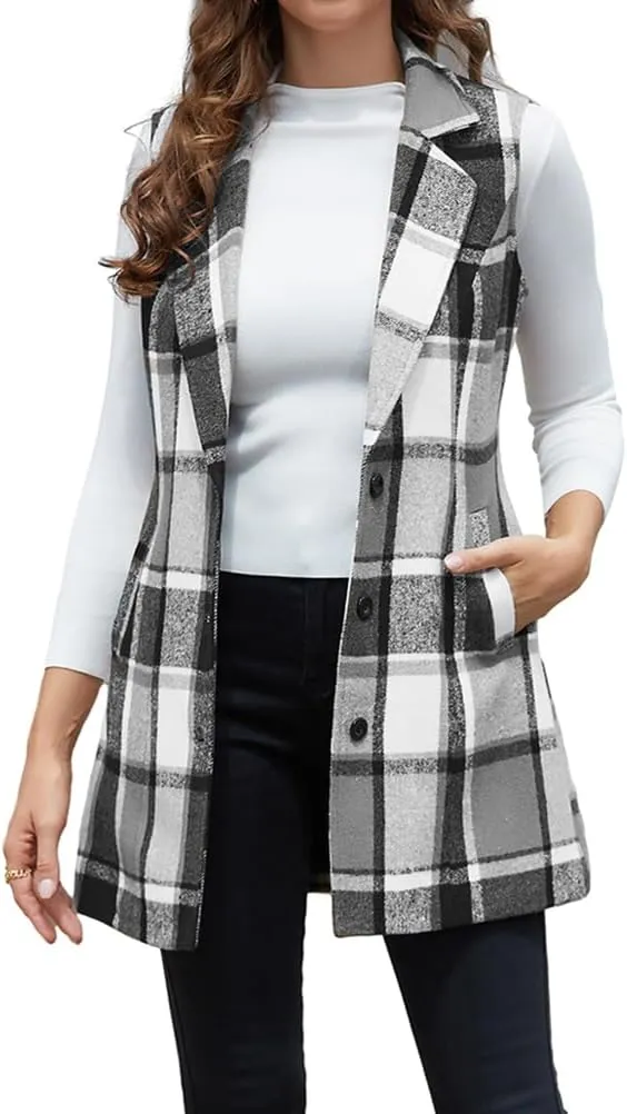 IDEALSANXUN Plaid Vest for Women Fall Winter Sleeveless Blazer Jackets