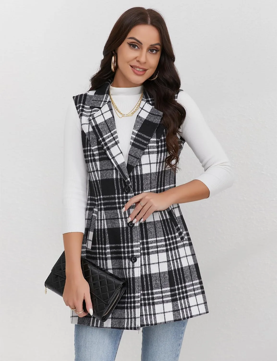 IDEALSANXUN Plaid Vest for Women Fall Winter Sleeveless Blazer Jackets