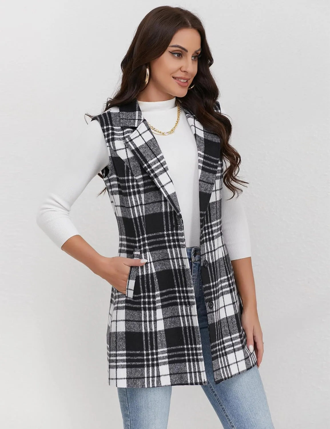 IDEALSANXUN Plaid Vest for Women Fall Winter Sleeveless Blazer Jackets