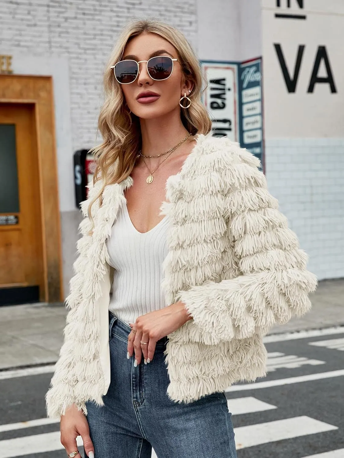 Inorin Womens Fall Open Front Cardigan Faux Fur Coat Vintage Parka Shaggy Jacket Warm Coat Tops