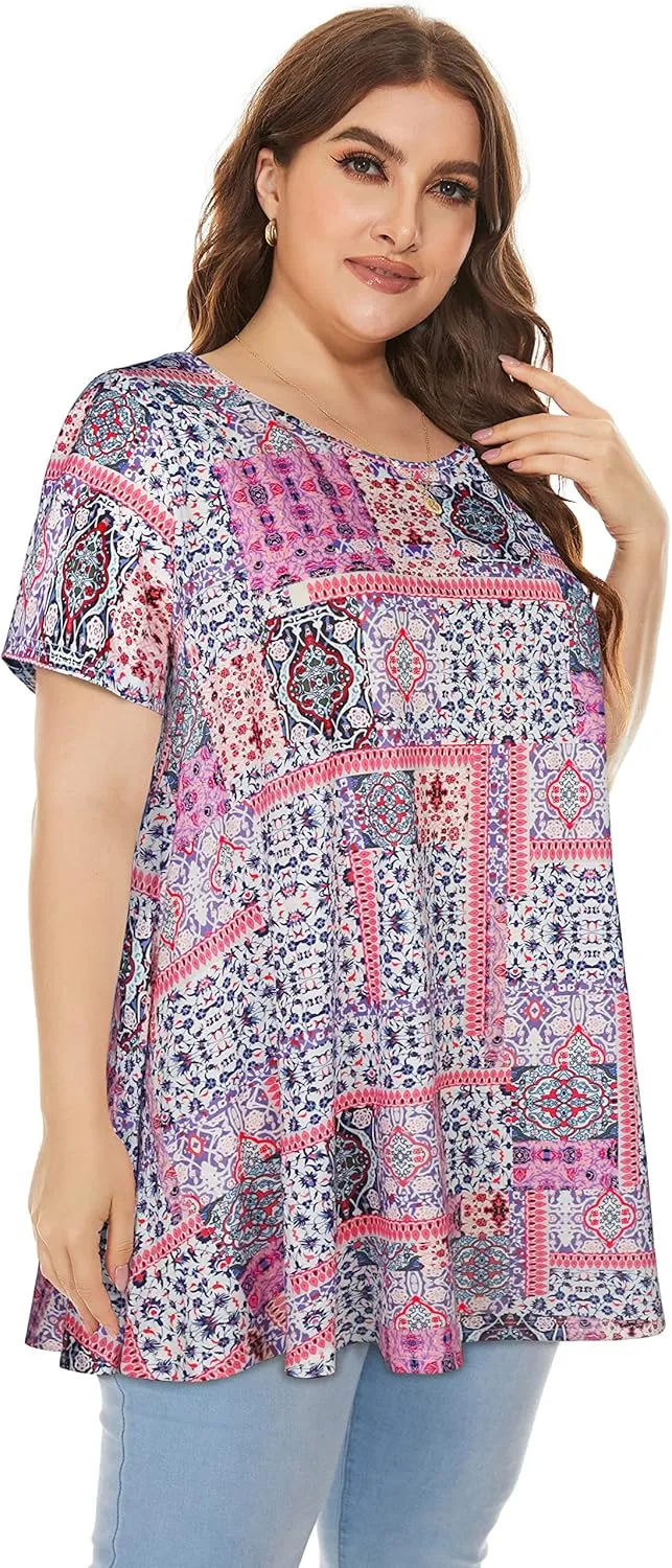 JOELLYUS Plus Size Tops for Women Tunic Floral Casual Short Sleeves T Shirts Flowy Blouses