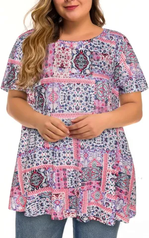 JOELLYUS Plus Size Tops for Women Tunic Floral Casual Short Sleeves T Shirts Flowy Blouses