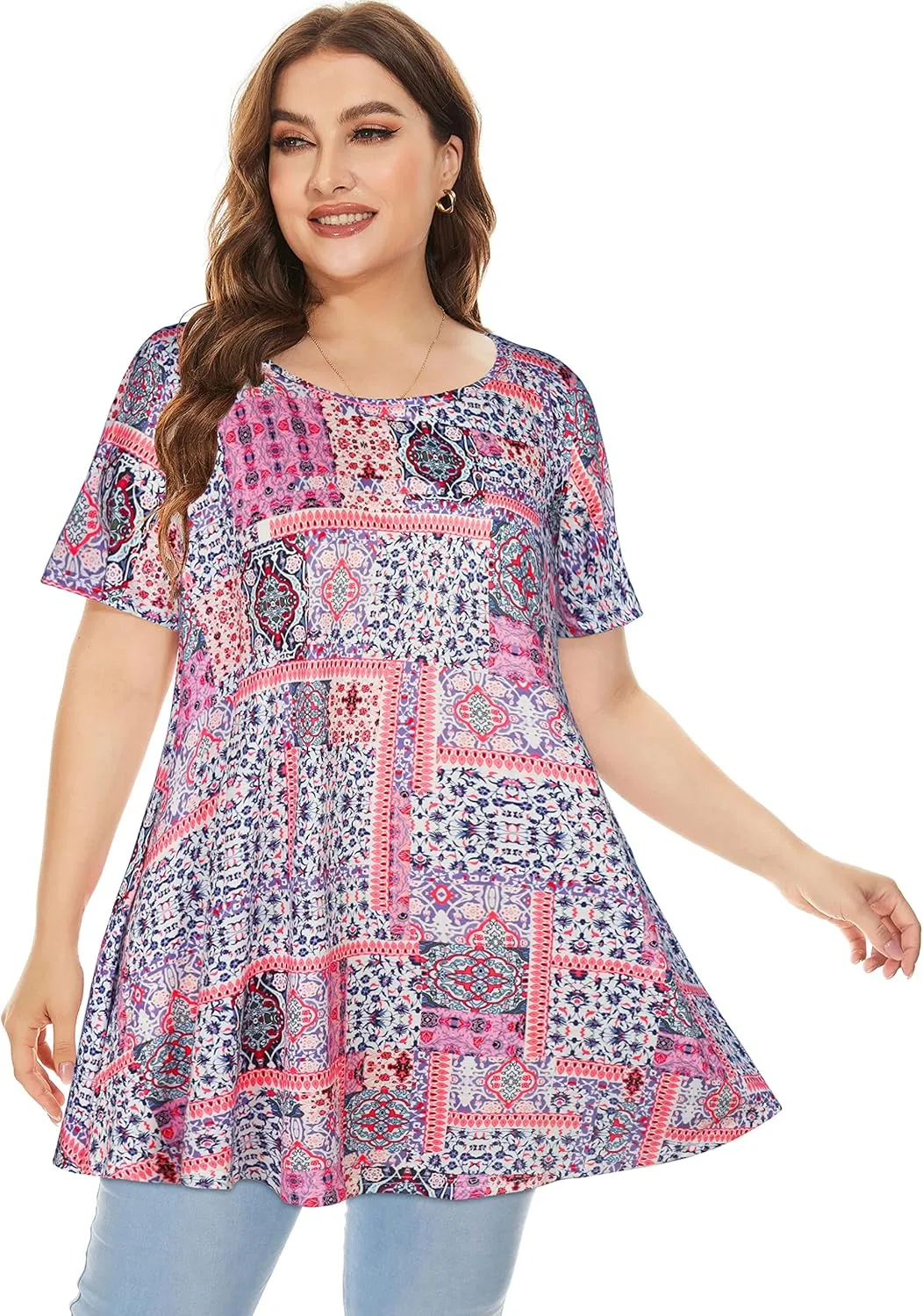 JOELLYUS Plus Size Tops for Women Tunic Floral Casual Short Sleeves T Shirts Flowy Blouses