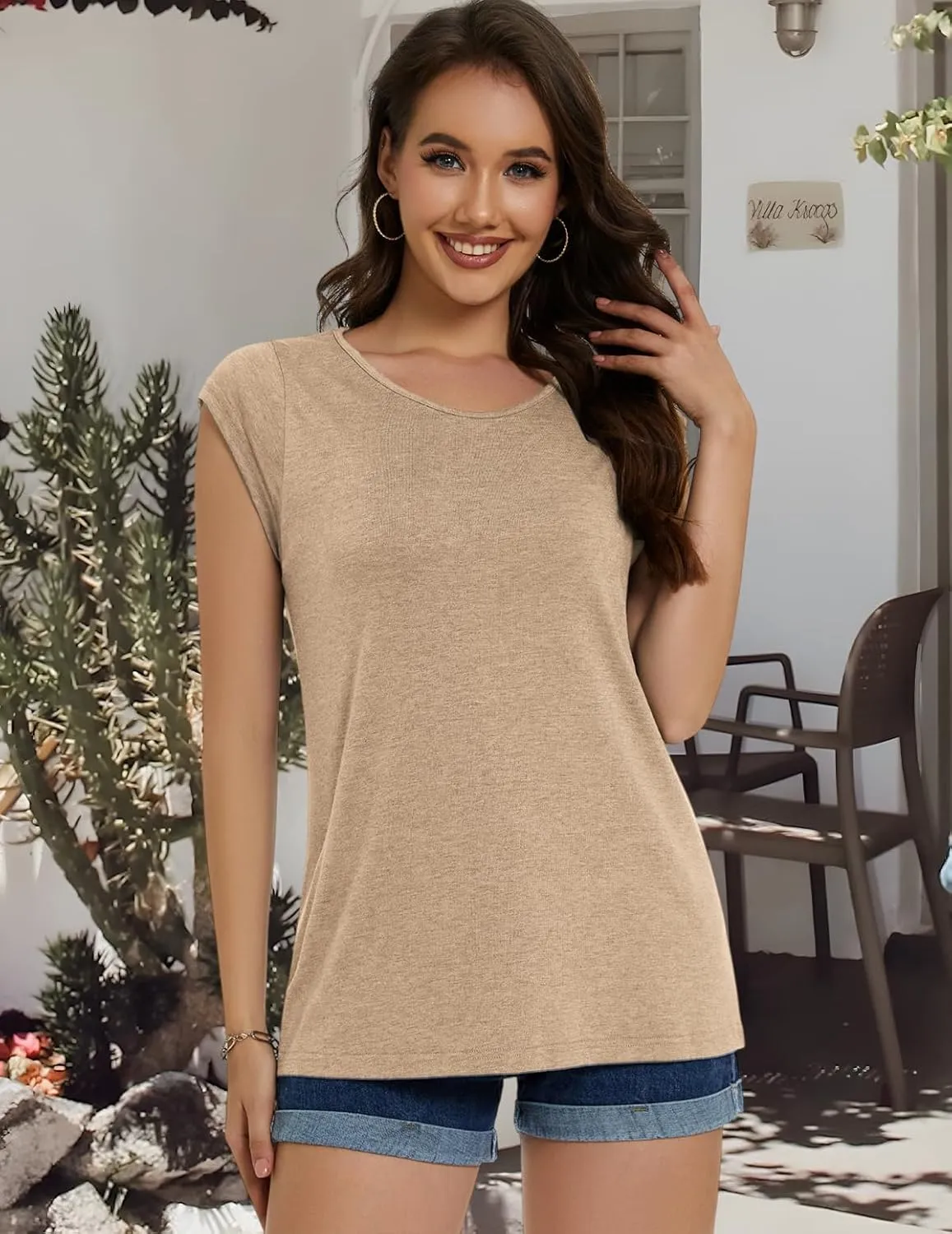 JOELLYUS Women's Cap Sleeve Tops Summer Tank Top Casual Basic Tees Shirts Loose Fit Blouses