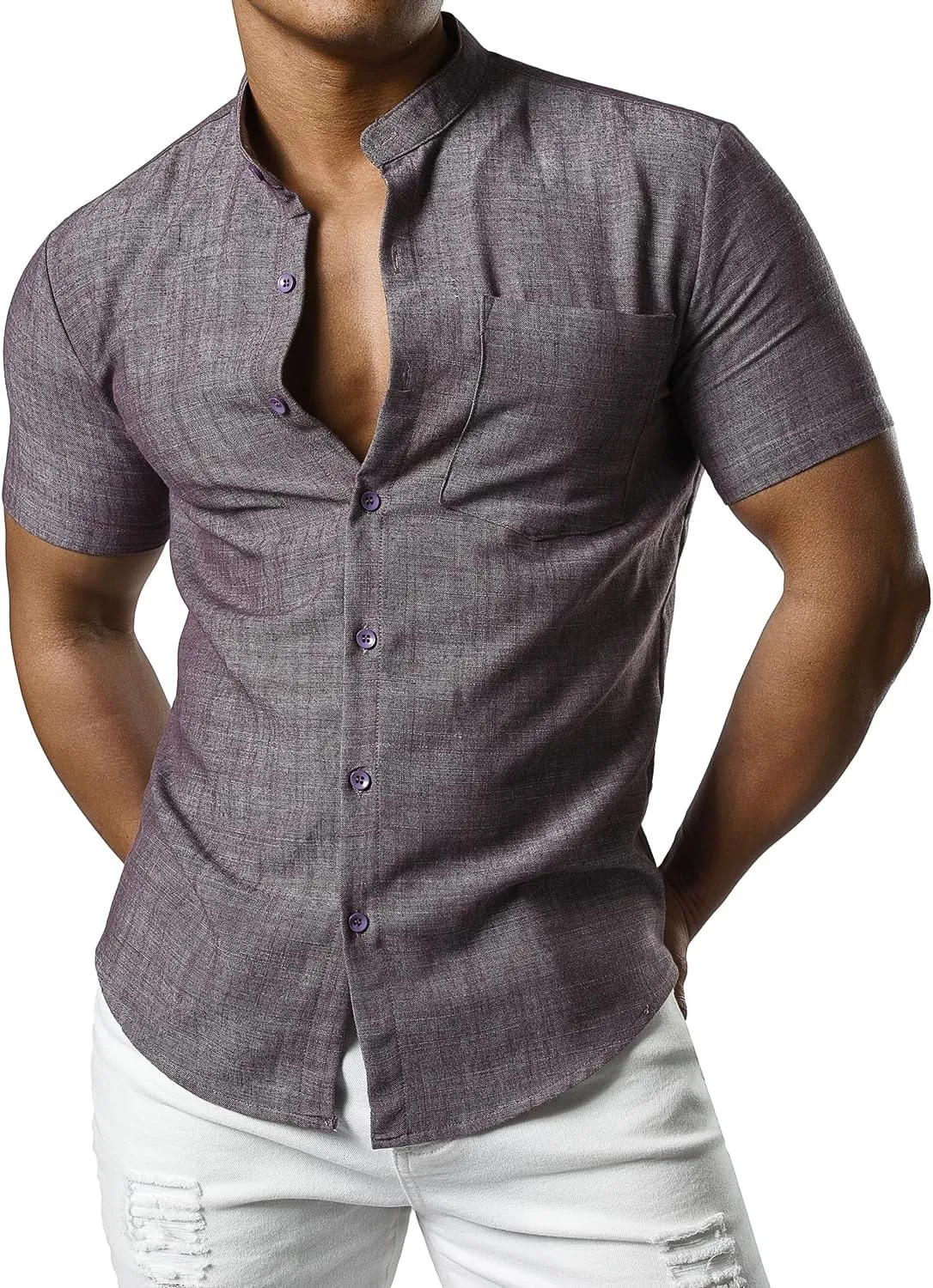 JOGAL Men's Linen Henley Shirt Banded Collar Short Sleeve Botton Down Shirts Summer Beach Shirts