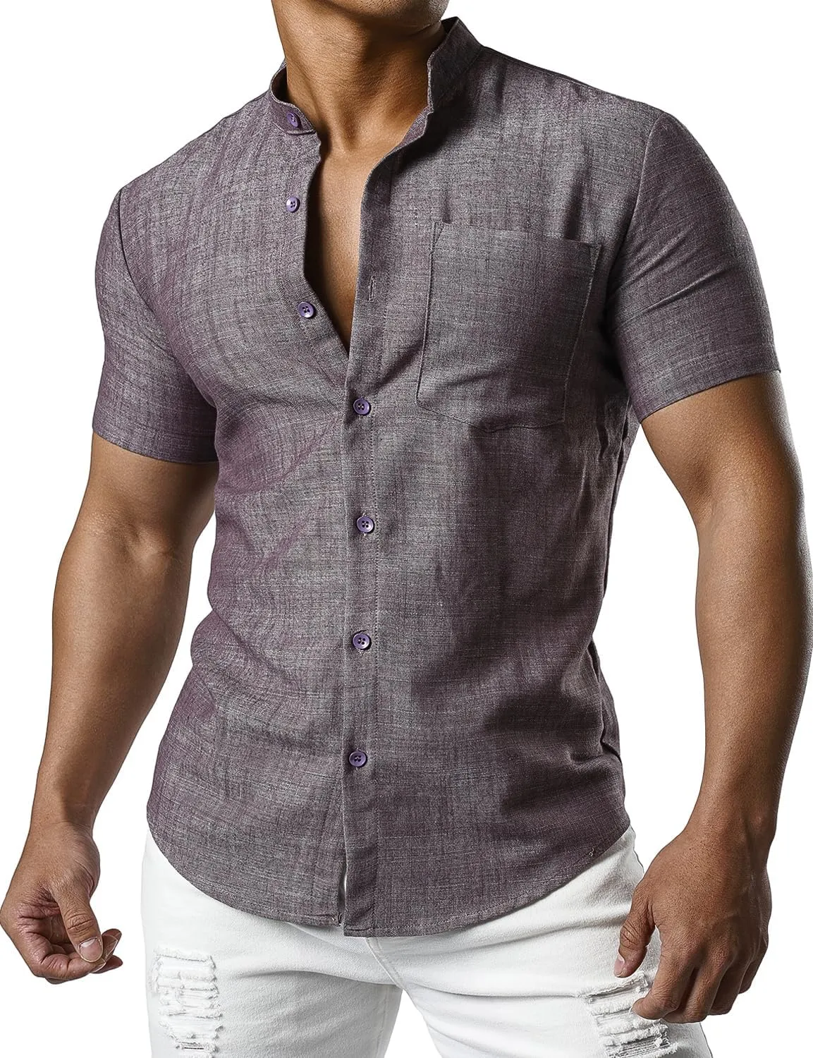JOGAL Men's Linen Henley Shirt Banded Collar Short Sleeve Botton Down Shirts Summer Beach Shirts