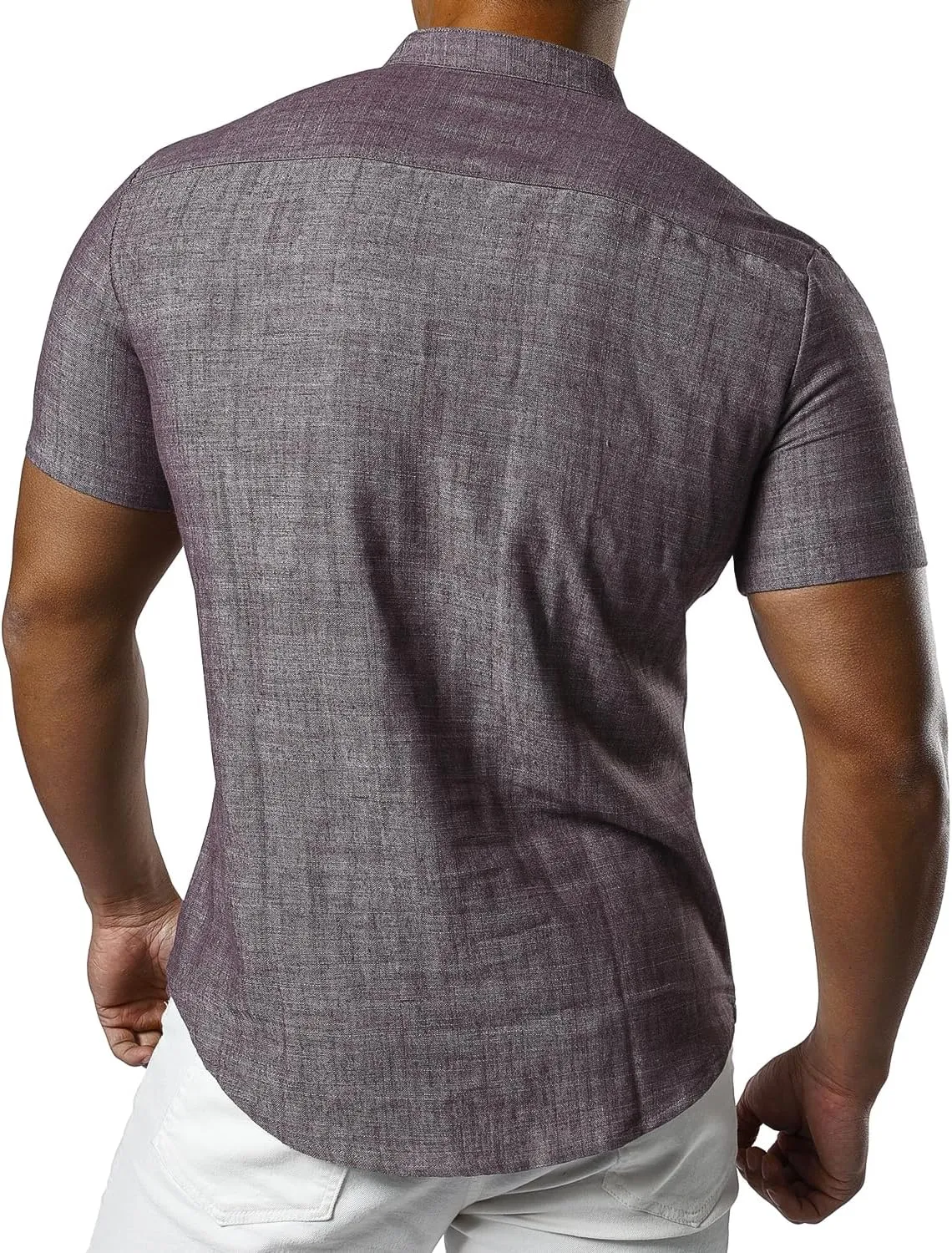 JOGAL Men's Linen Henley Shirt Banded Collar Short Sleeve Botton Down Shirts Summer Beach Shirts