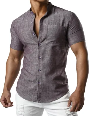 JOGAL Men's Linen Henley Shirt Banded Collar Short Sleeve Botton Down Shirts Summer Beach Shirts