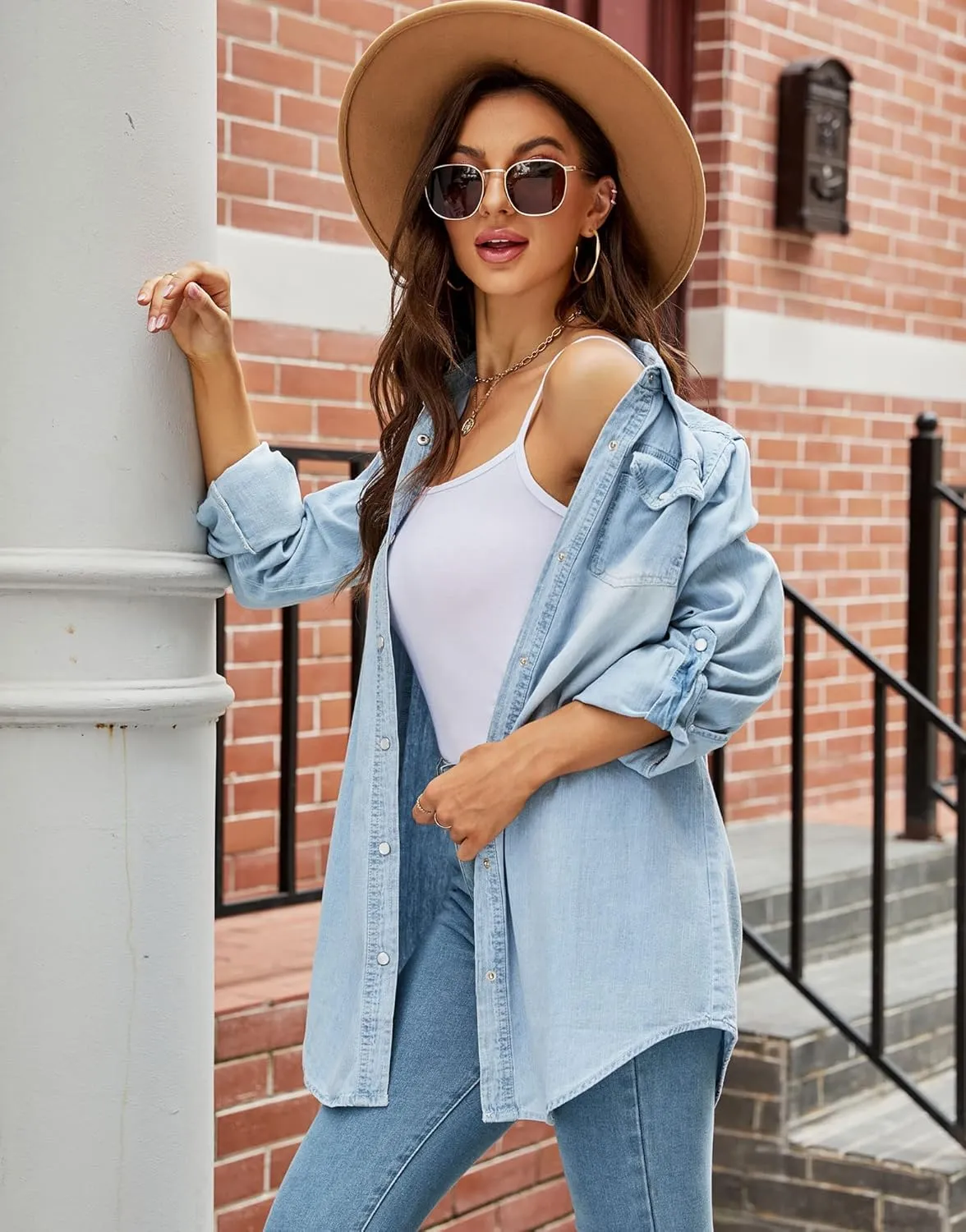 Kedera Womens Button Down Denim Shirt Long Sleeve Roll Up Boyfriend Jean Jacket Shacket