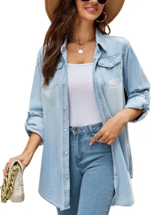 Kedera Womens Button Down Denim Shirt Long Sleeve Roll Up Boyfriend Jean Jacket Shacket
