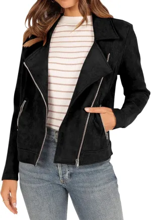 KIRUNDO Womens Faux Suede Jacket 2024 Fall Winter Clothes Casual Zipper Cropped Coat Bomber Biker Moto Jackets Outwear