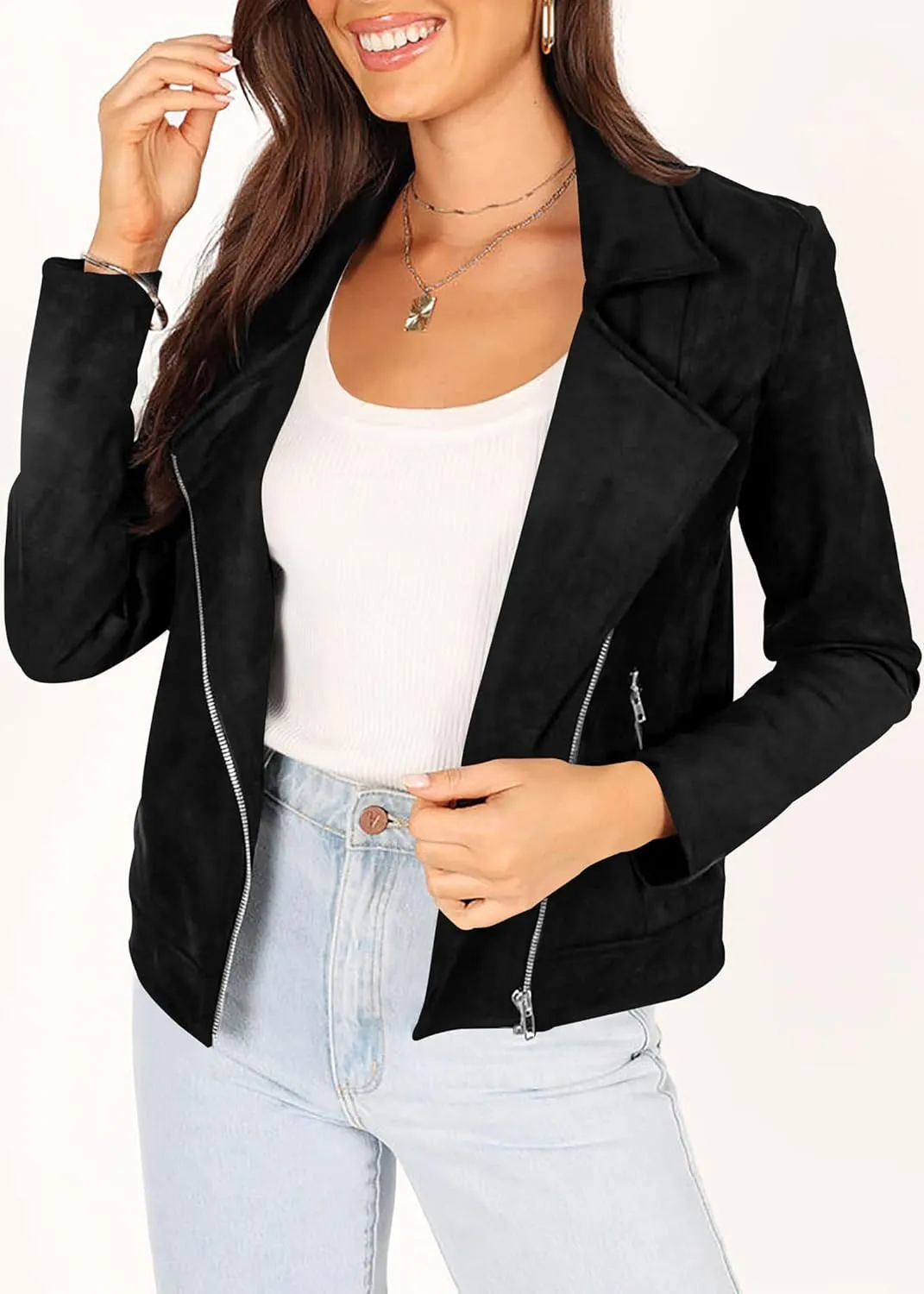 KIRUNDO Womens Faux Suede Jacket 2024 Fall Winter Clothes Casual Zipper Cropped Coat Bomber Biker Moto Jackets Outwear