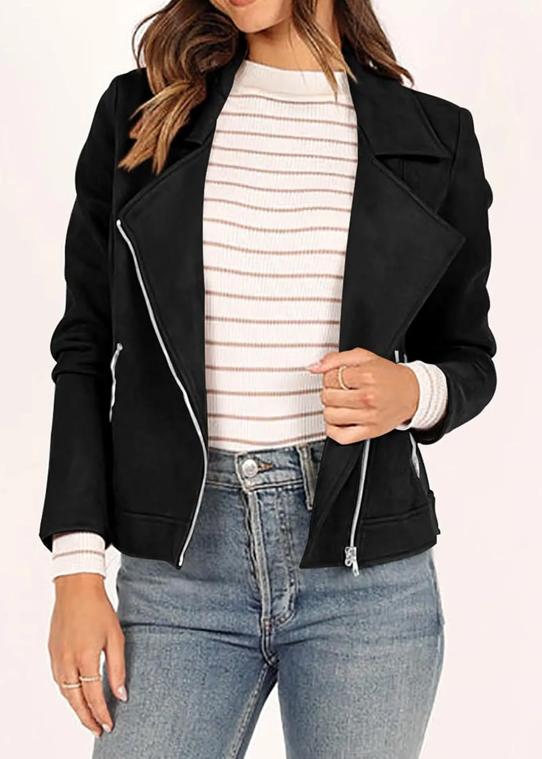 KIRUNDO Womens Faux Suede Jacket 2024 Fall Winter Clothes Casual Zipper Cropped Coat Bomber Biker Moto Jackets Outwear