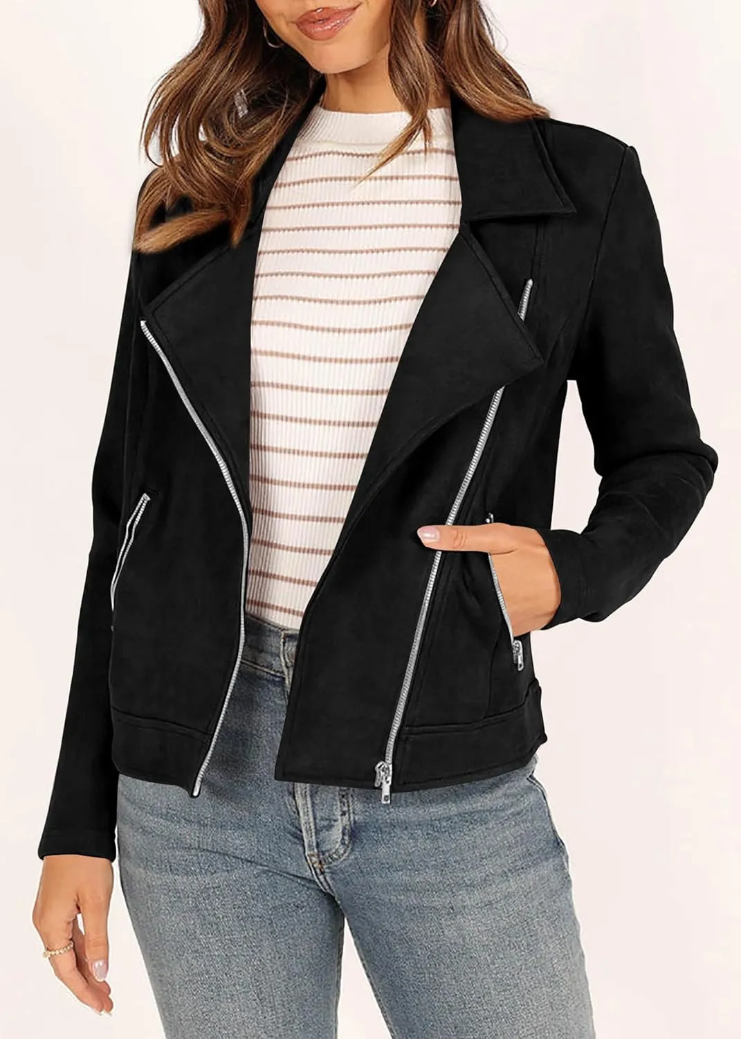 KIRUNDO Womens Faux Suede Jacket 2024 Fall Winter Clothes Casual Zipper Cropped Coat Bomber Biker Moto Jackets Outwear