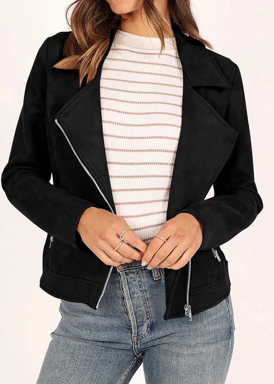KIRUNDO Womens Faux Suede Jacket 2024 Fall Winter Clothes Casual Zipper Cropped Coat Bomber Biker Moto Jackets Outwear