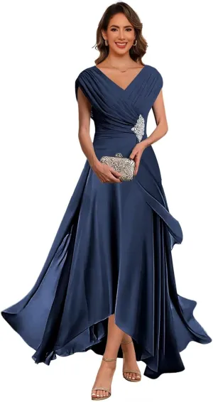 Lace Applique Chiffon Mother of The Bride Dresses Cap Sleeves Evening Gown V Neck Formal Dress for Wedding QA213