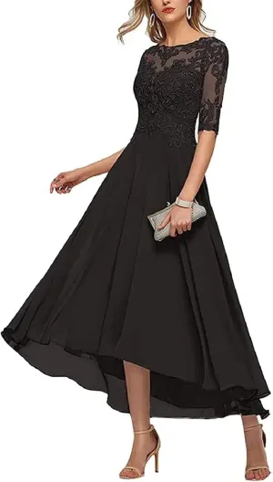 Lace Applique Mother of The Bride Dress for Wedding 3/4 Sleeves Tea Length Beaded Formal Evening Prom Gown MK12