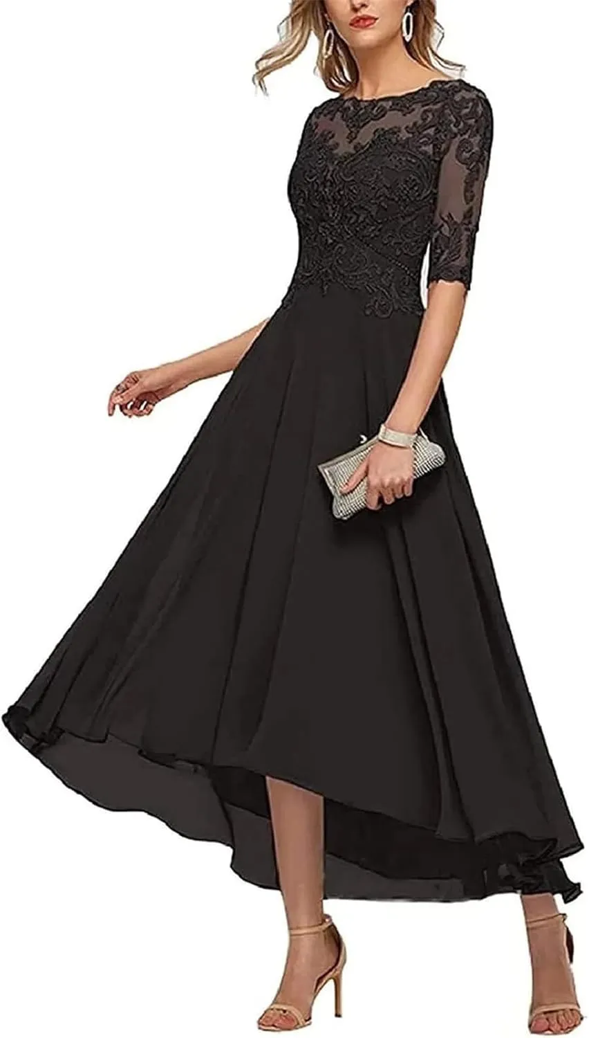 Lace Applique Mother of The Bride Dress for Wedding 3/4 Sleeves Tea Length Beaded Formal Evening Prom Gown MK12