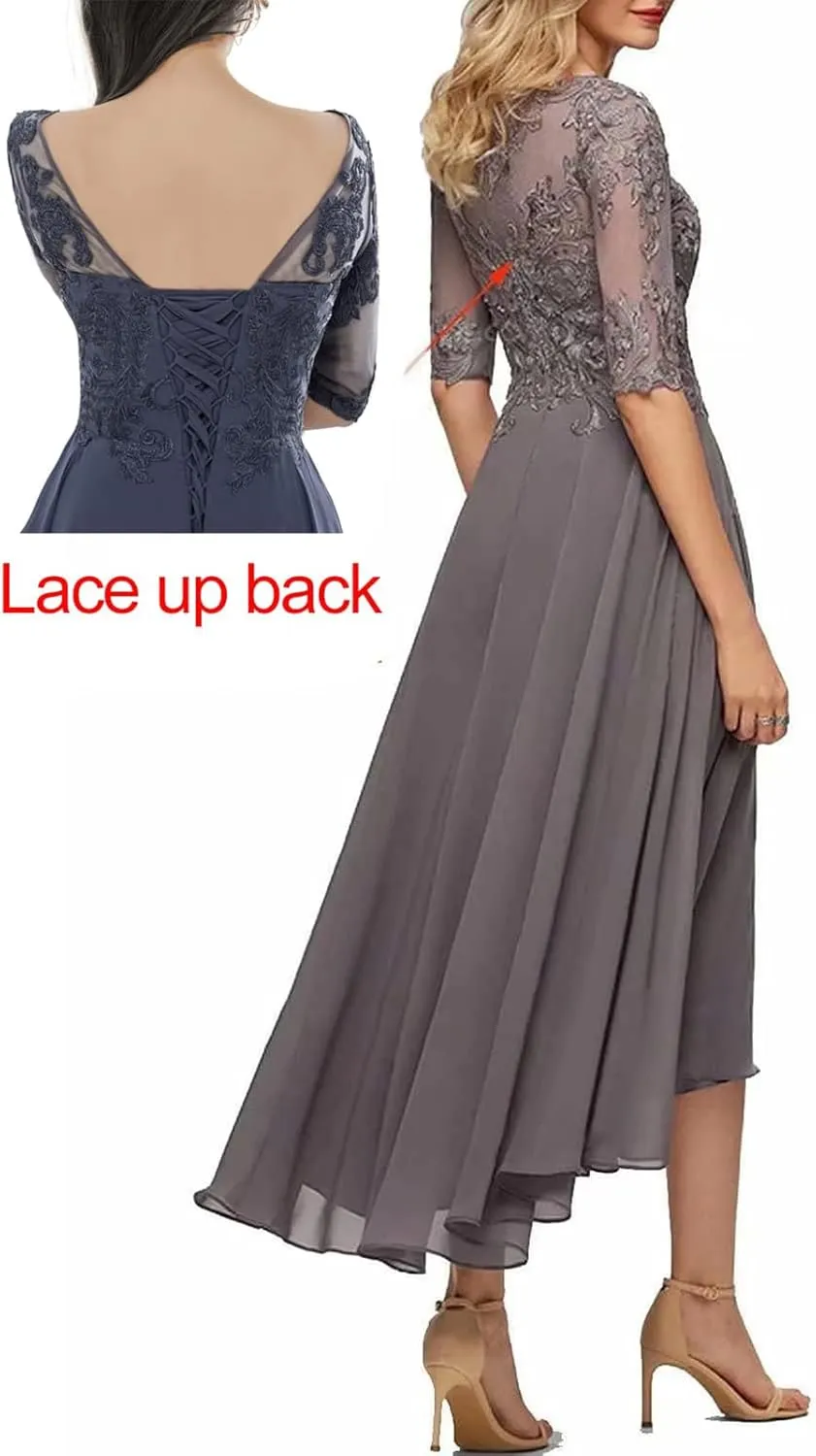 Lace Applique Mother of The Bride Dress for Wedding 3/4 Sleeves Tea Length Beaded Formal Evening Prom Gown MK12
