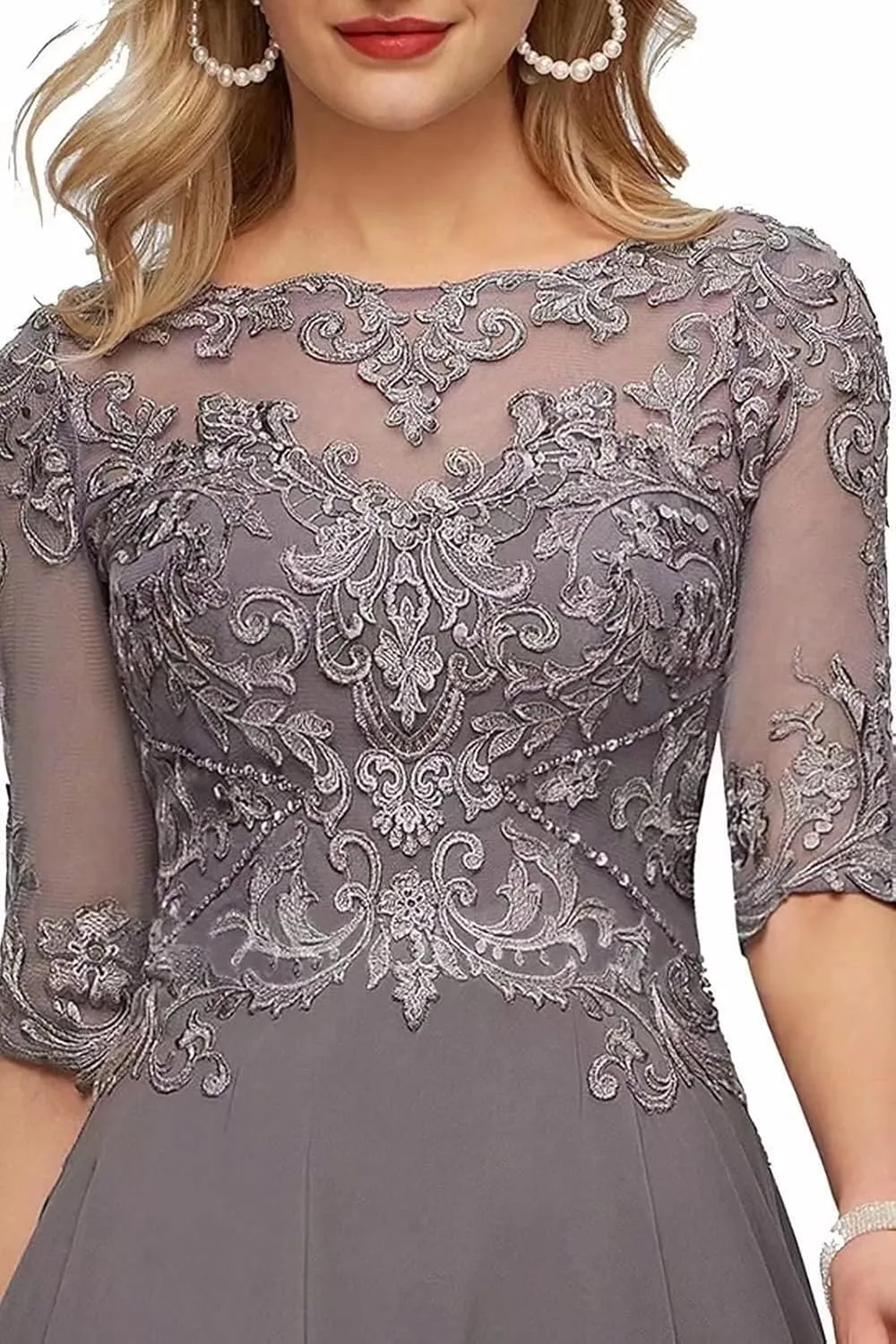 Lace Applique Mother of The Bride Dress for Wedding 3/4 Sleeves Tea Length Beaded Formal Evening Prom Gown MK12