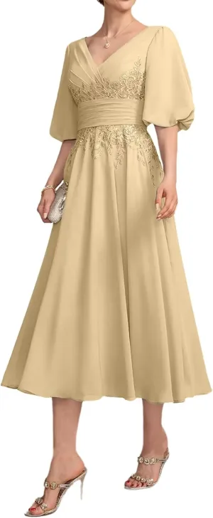 Lace Appliques Mother of The Bride Dresses for Wedding 1/2 Sleeve Tea Length Formal Evening Gown