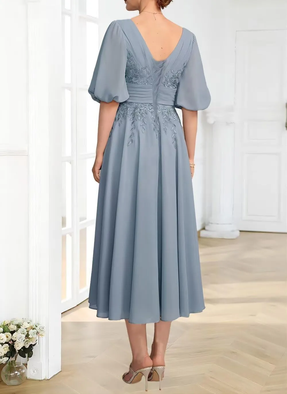 Lace Appliques Mother of The Bride Dresses for Wedding 1/2 Sleeve Tea Length Formal Evening Gown