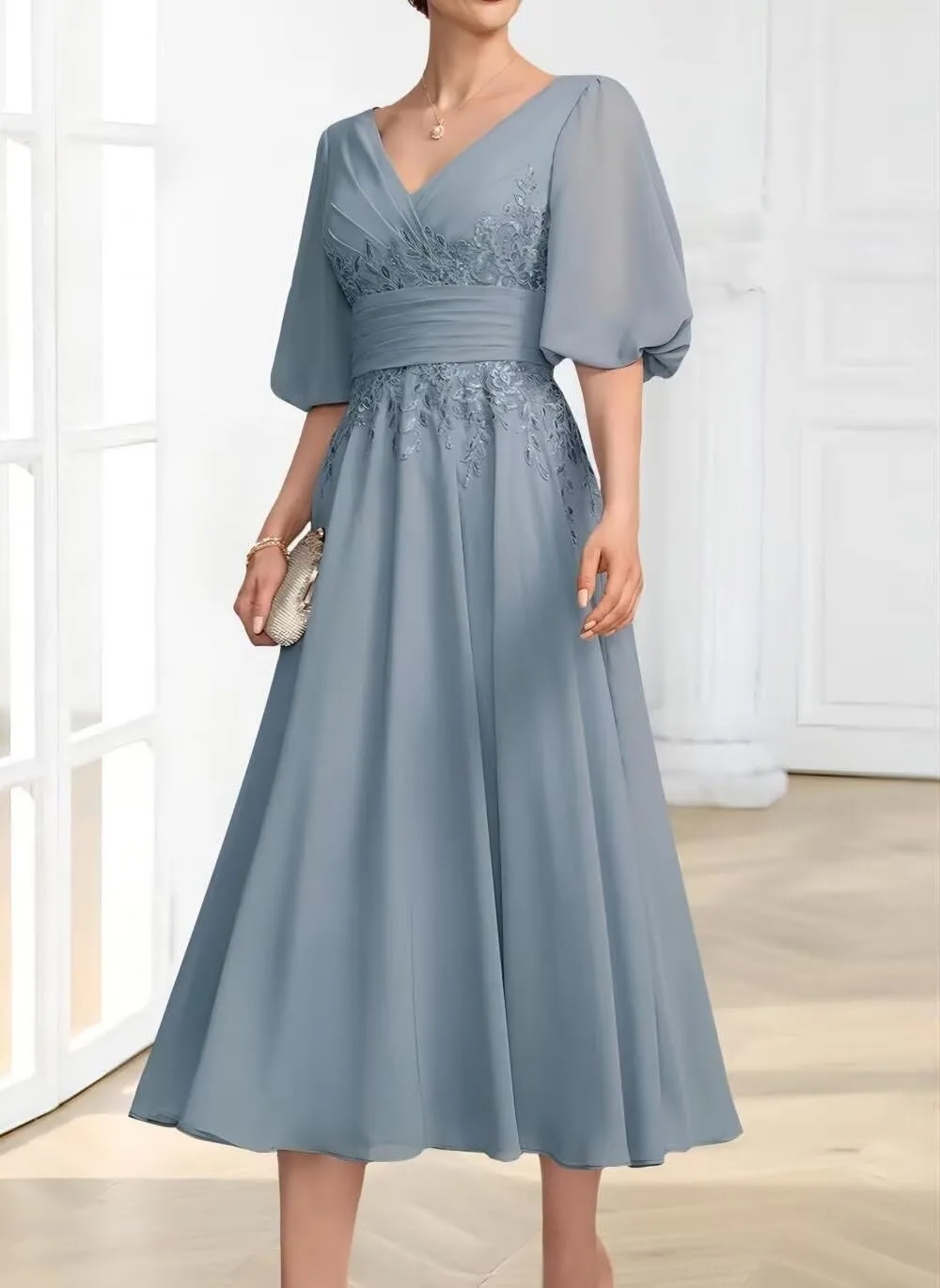 Lace Appliques Mother of The Bride Dresses for Wedding 1/2 Sleeve Tea Length Formal Evening Gown