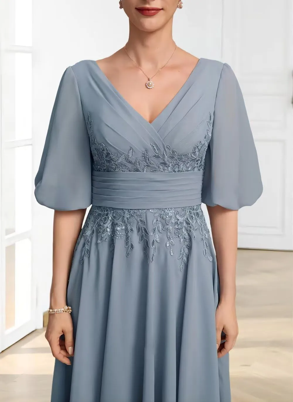 Lace Appliques Mother of The Bride Dresses for Wedding 1/2 Sleeve Tea Length Formal Evening Gown