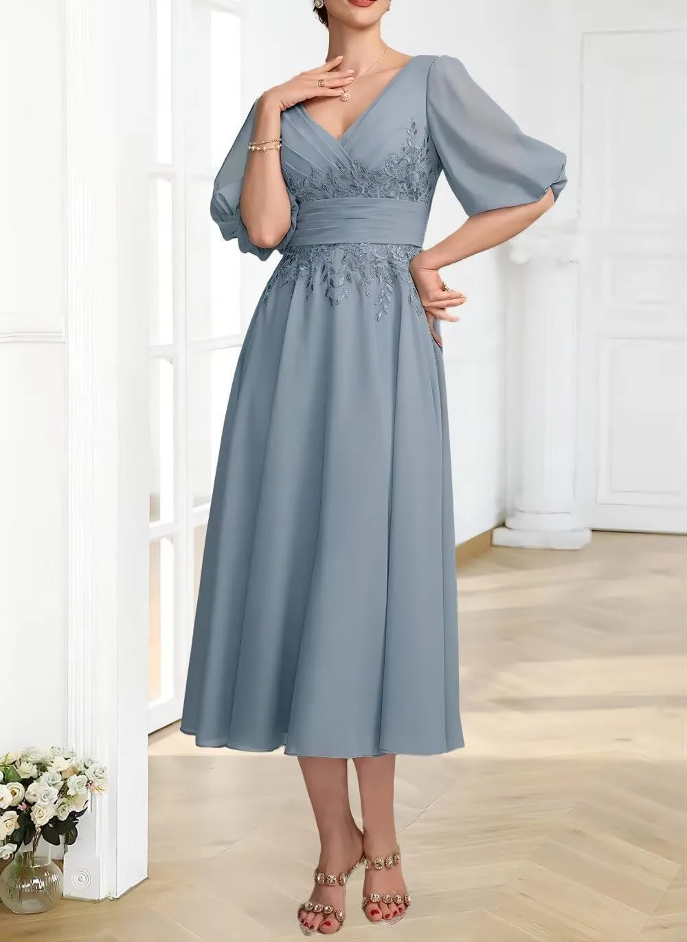 Lace Appliques Mother of The Bride Dresses for Wedding 1/2 Sleeve Tea Length Formal Evening Gown