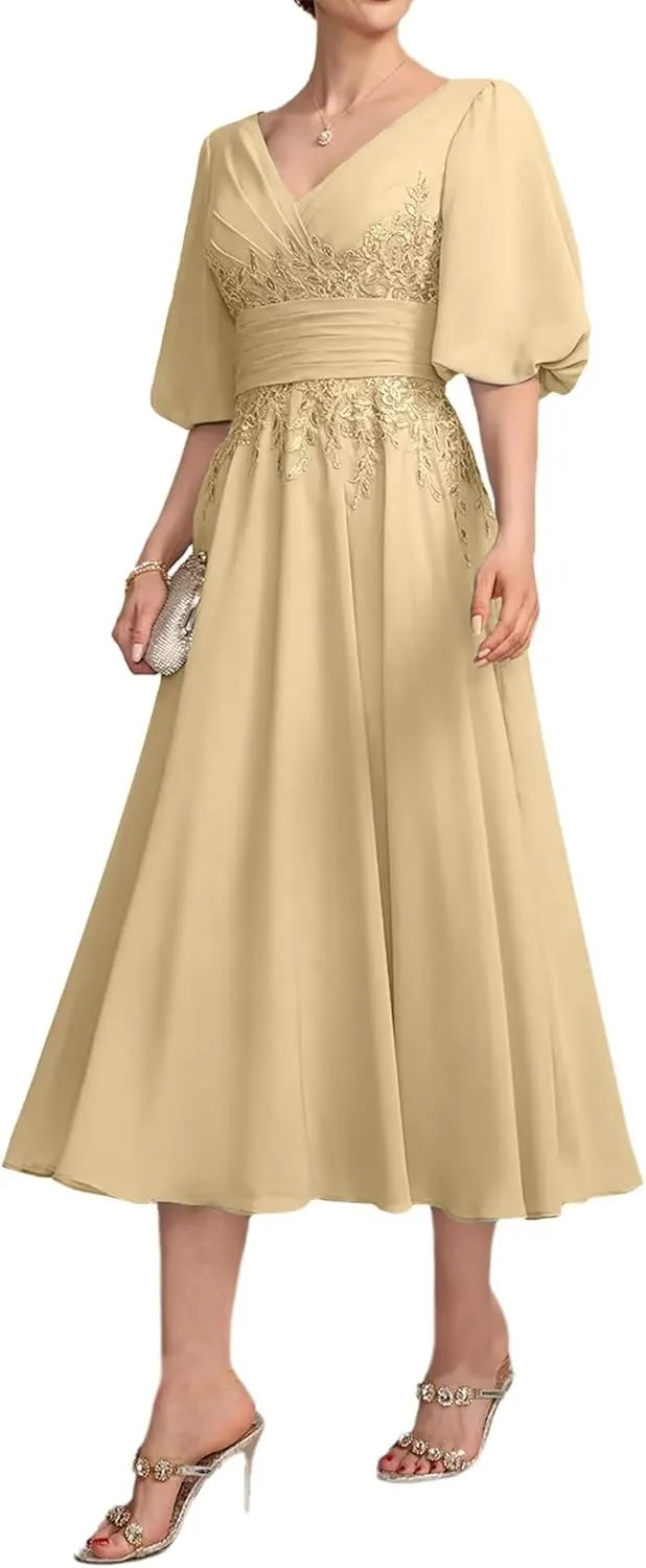 Lace Appliques Mother of The Bride Dresses for Wedding 1/2 Sleeve Tea Length Formal Evening Gown