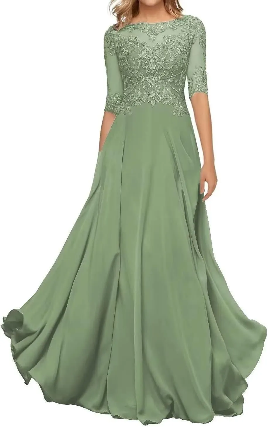 Lace Appliques Mother of The Bride Dresses with Half Sleeve Chiffon A line Formal Evening Gown for Women