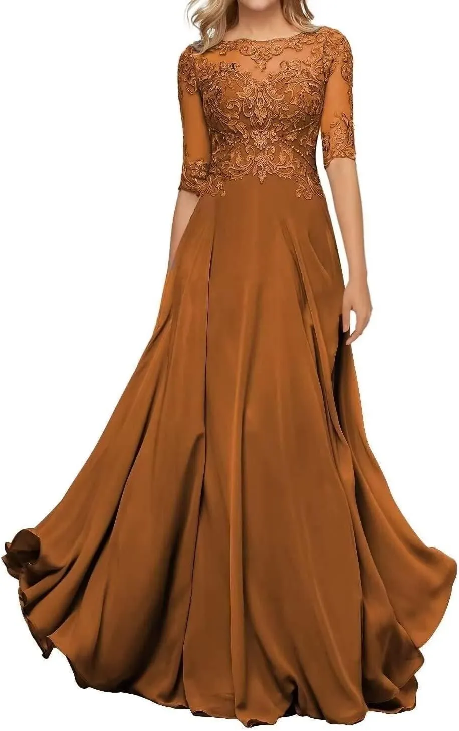 Lace Appliques Mother of The Bride Dresses with Half Sleeve Chiffon A line Formal Evening Gown for Women