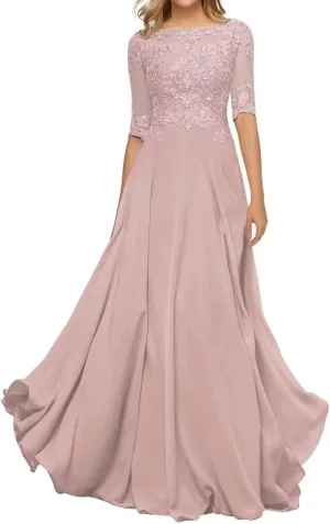 Lace Appliques Mother of The Bride Dresses with Half Sleeve Chiffon A line Formal Evening Gown for Women