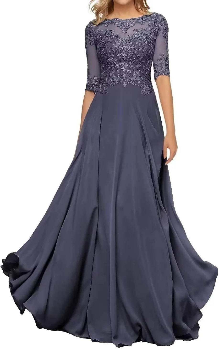 Lace Appliques Mother of The Bride Dresses with Half Sleeve Chiffon A line Formal Evening Gown for Women
