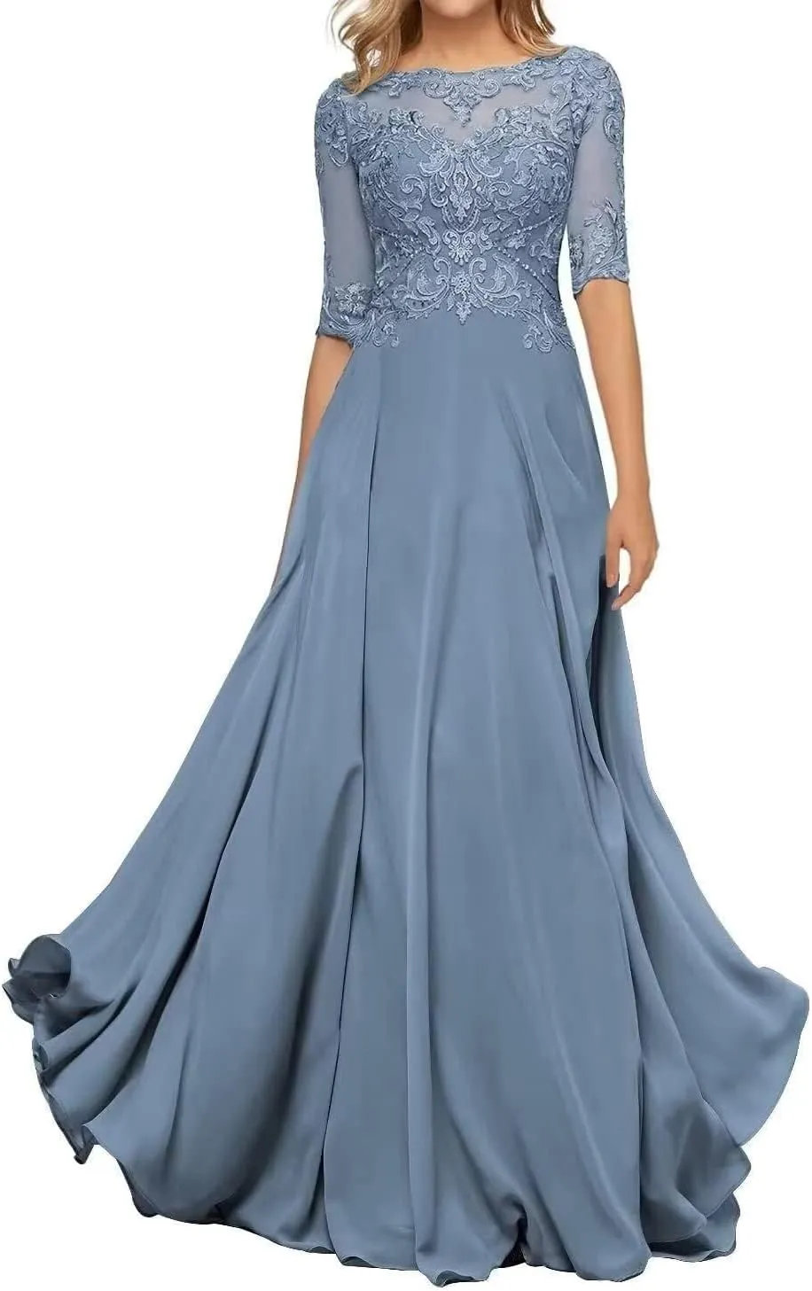 Lace Appliques Mother of The Bride Dresses with Half Sleeve Chiffon A line Formal Evening Gown for Women