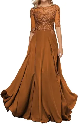 Lace Appliques Mother of The Bride Dresses with Half Sleeve Chiffon A line Formal Evening Gown for Women