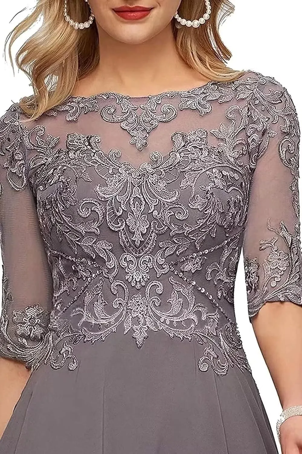 Lace Appliques Mother of The Bride Dresses with Half Sleeve Chiffon A line Formal Evening Gown for Women