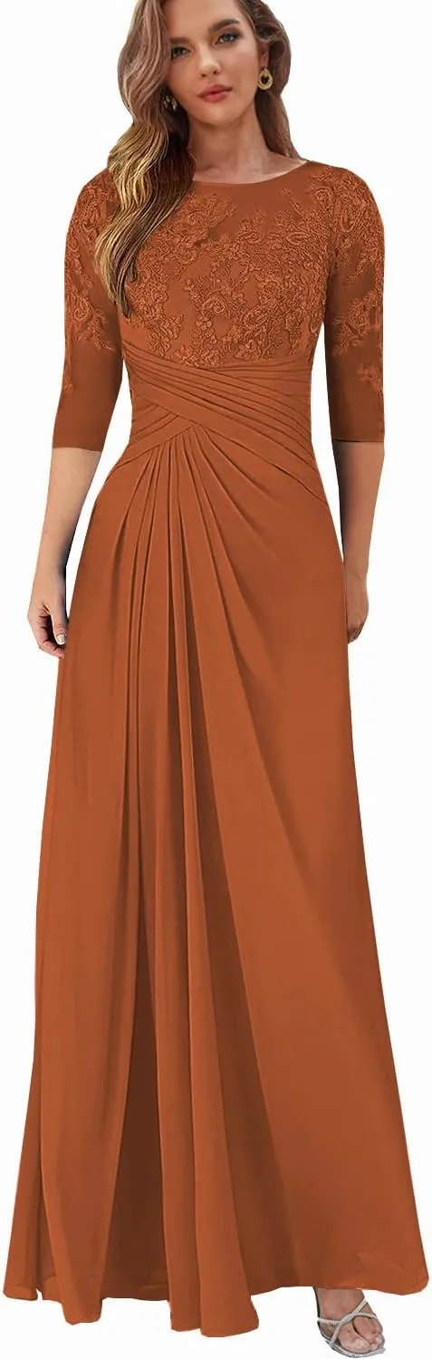 Lace Appliques Mother of The Bride Dresses with Sleeves Chiffon Wedding Guest Formal Dress for Women