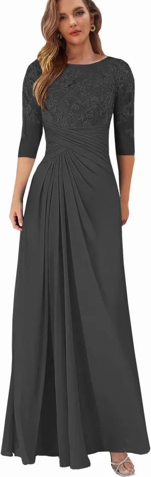 Lace Appliques Mother of The Bride Dresses with Sleeves Chiffon Wedding Guest Formal Dress for Women