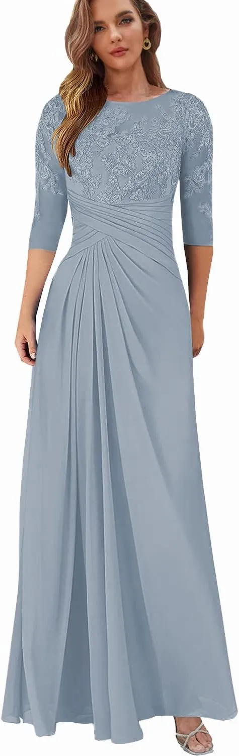Lace Appliques Mother of The Bride Dresses with Sleeves Chiffon Wedding Guest Formal Dress for Women
