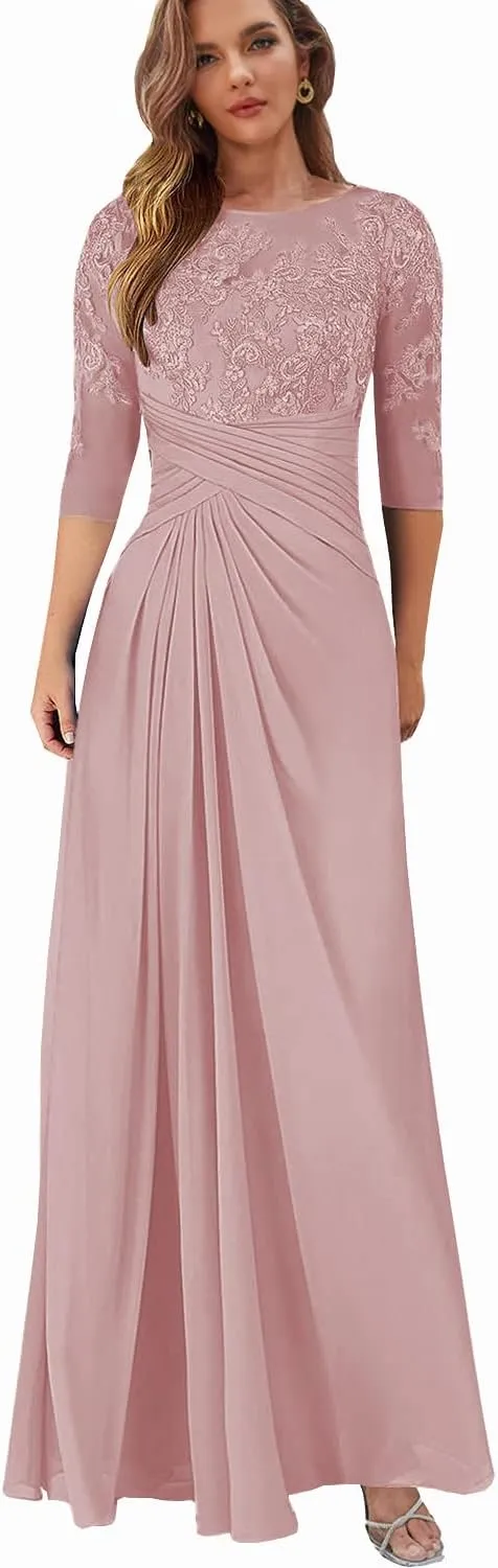 Lace Appliques Mother of The Bride Dresses with Sleeves Chiffon Wedding Guest Formal Dress for Women