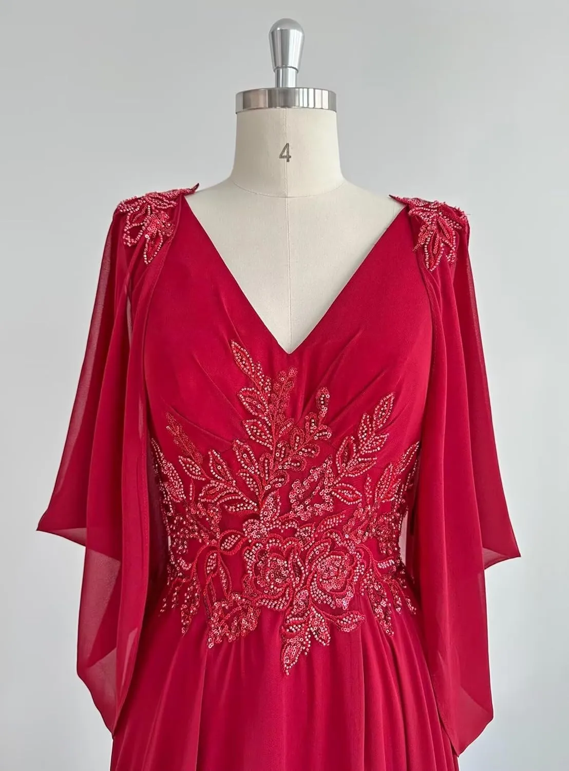 Lace Chiffon Mother of The Bride Dresses 2025 with Slit Sequin Beaded Formal Dresses V Neck Evening Gown with Cape Sleeve