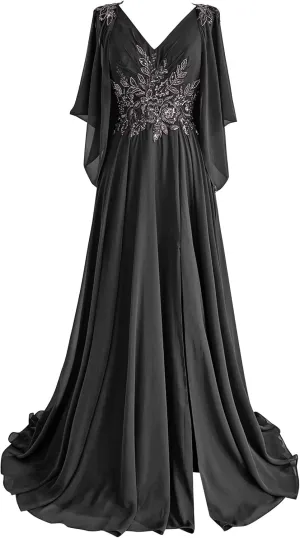 Lace Chiffon Mother of The Bride Dresses 2025 with Slit Sequin Beaded Formal Dresses V Neck Evening Gown with Cape Sleeve