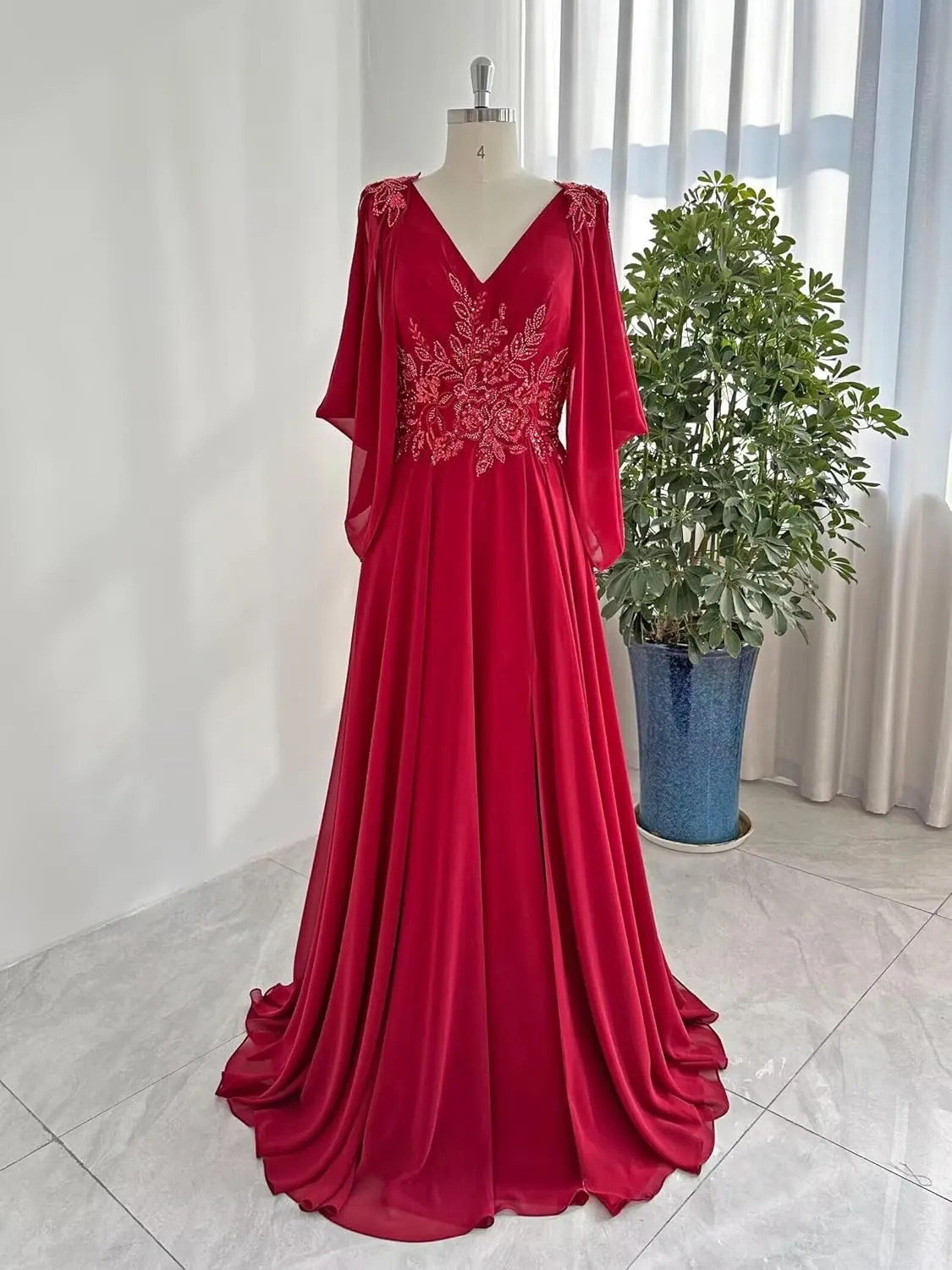 Lace Chiffon Mother of The Bride Dresses 2025 with Slit Sequin Beaded Formal Dresses V Neck Evening Gown with Cape Sleeve
